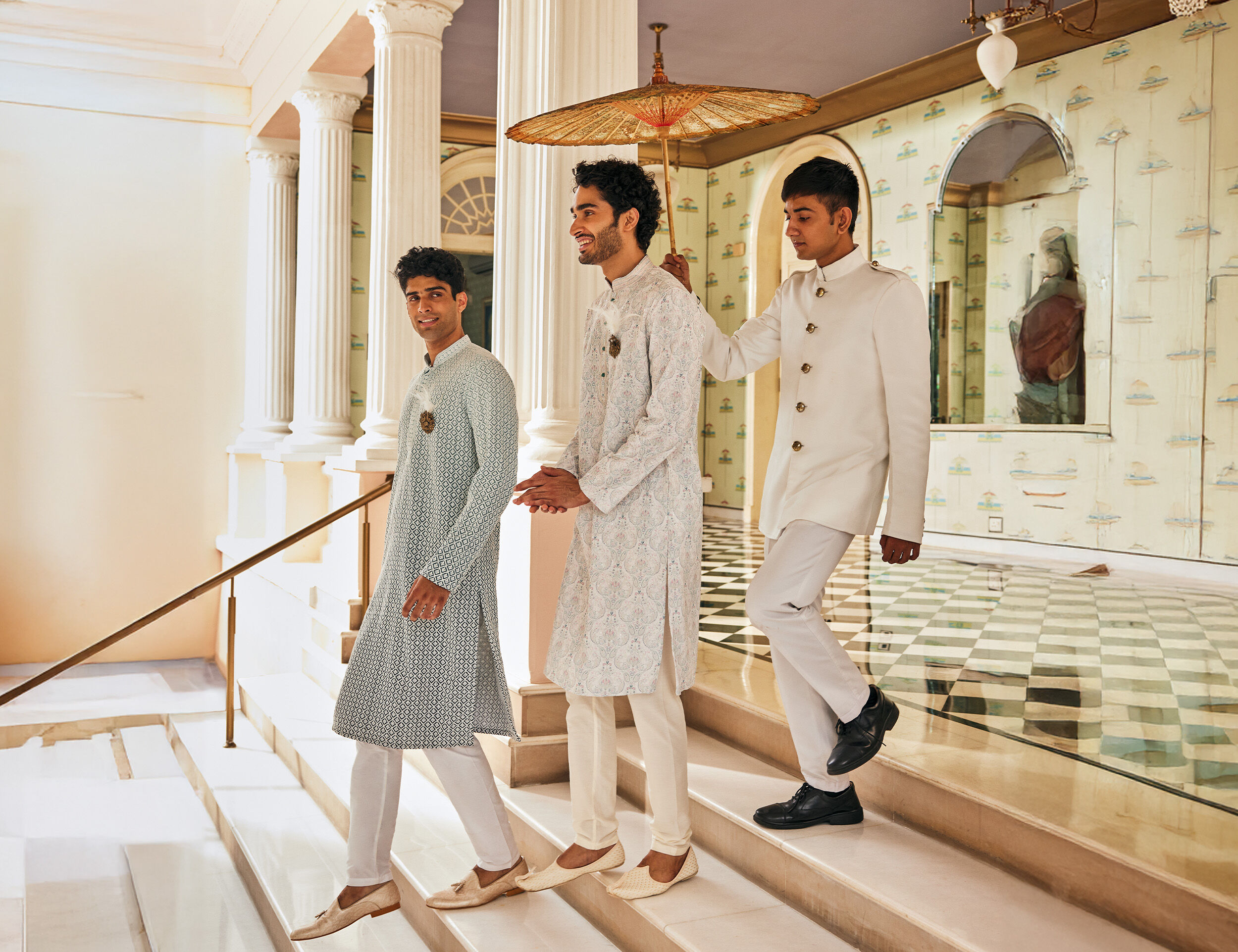 A groom and his freinda in elegant sherwanis